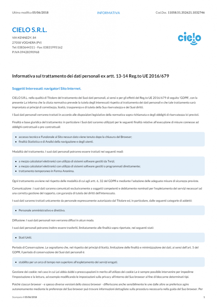 privacy policy Cielo srl